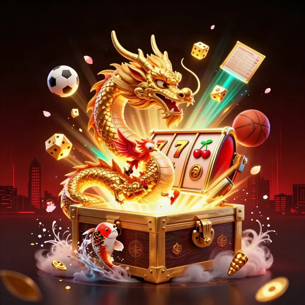 Golden dragon with phoenix and koi amid casino symbols, jackpot rays, and dark red neon glow.