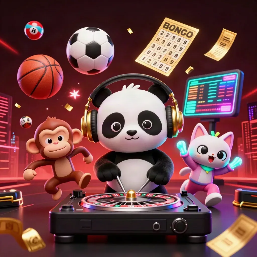 DJ panda, dancing monkey and glow-stick kitten amid flying balls, turf spray and neon casino lights.