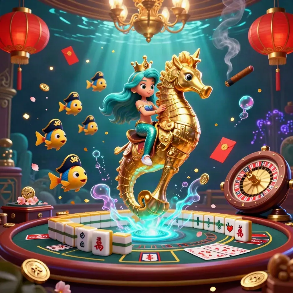 Mermaid princess on armored seahorse amid casino icons in a glowing underwater hall.