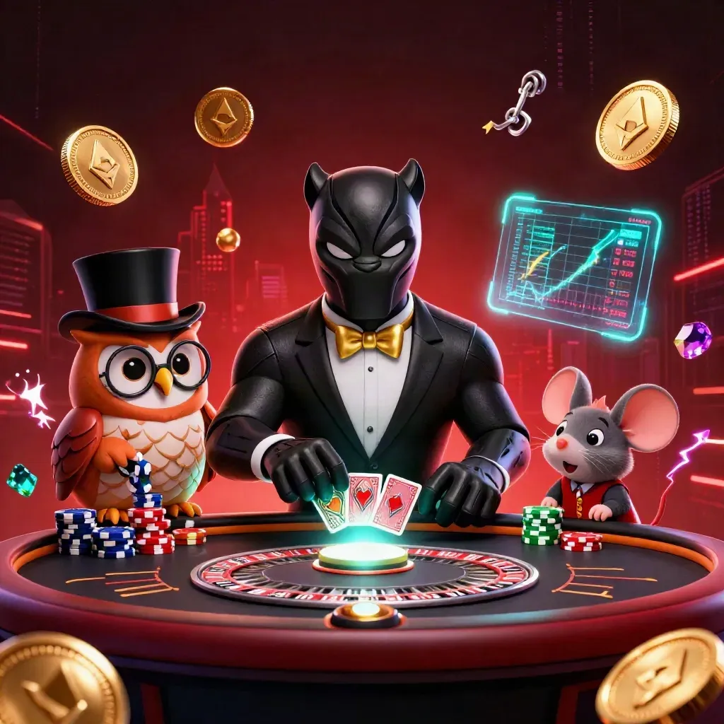 Panther, owl, and mouse at a neon casino table amid coins, sparks, and red-black city glow.