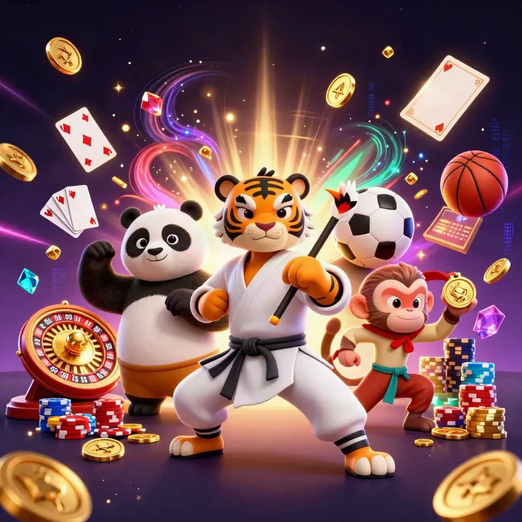 Tiger master, panda disciple and monkey amid casino loot, coins, cards, wheel and neon bursts.