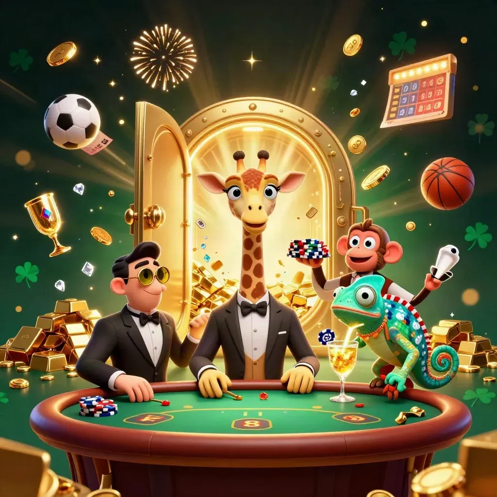 3D giraffe, monkey valet and chameleon bartender amid a bursting vault, coins, gems and fireworks